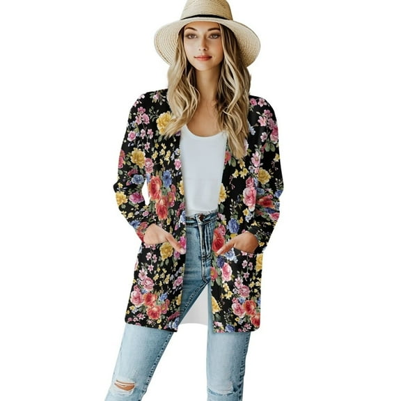 Garronmavis Long Sleeve Cardigan for Women Jacket Light Weight Cardigan Sweaters Knit Jacket Open Front Shirt Plus Size Beach Cover Ups Colorful Roses