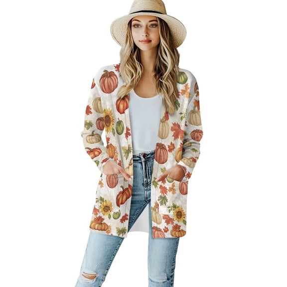 Garronmavis Long Sleeve Cardigans for Women Casual Dressy Tops Light Weight Cardigan Sweaters Open Front Jacket Clothes Pumpkin Sunflowers