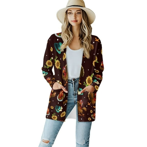 Garronmavis Long Sleeve Open Front Cardigan Sweater Knitted Sweater Coat for Women Draped Lightweight Cardigan with Pockets Plus Size Sunflower Turkeys