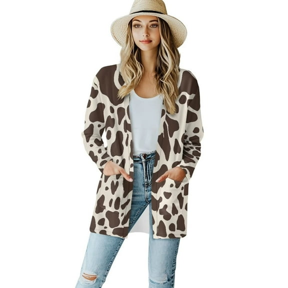Garronmavis Long Sleeve Open Front Shirts for Women Cardigan Sweater with Pockets Size Sweater Coats Fall Cover Up Cardigan Brown Cow Print
