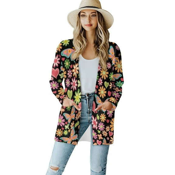 Garronmavis Long Sleeve Open Front Shirts for Women Cardigan Sweater with Pockets Size Sweater Coats Fall Cover Up Cardigan Hippie Flower