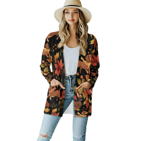 Garronmavis Long Sleeve Open Front Shirts for Women Cardigan Sweater with Pockets Size Sweater Coats Fall Cover Up Cardigan Maple Leaf Dachshund
