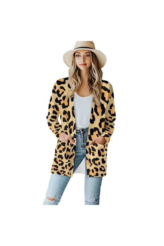 Long Sleeve Open Front Shirts for Women Cardigan Sweater with Pockets Size Sweater Coats Fall Cover Up Cardigan Yellow Leopard