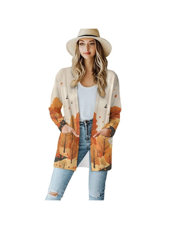 Long Sleeve Sweaters for Women Dressy Open Front Knit Cardigan Cardigan Jacket Plus Size Beach Cover Up with Pockets Autumn Forest