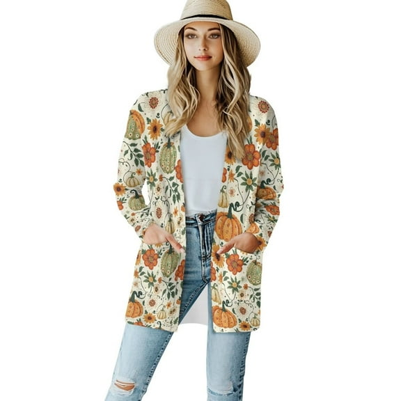 Garronmavis Loose Cardigans with Pockets Women's Open Front Knit Lightweight Cardigan Casual Kimonos Plus Size Long Sleeve Cover Up for Beach Sweater Floral Pumpkin