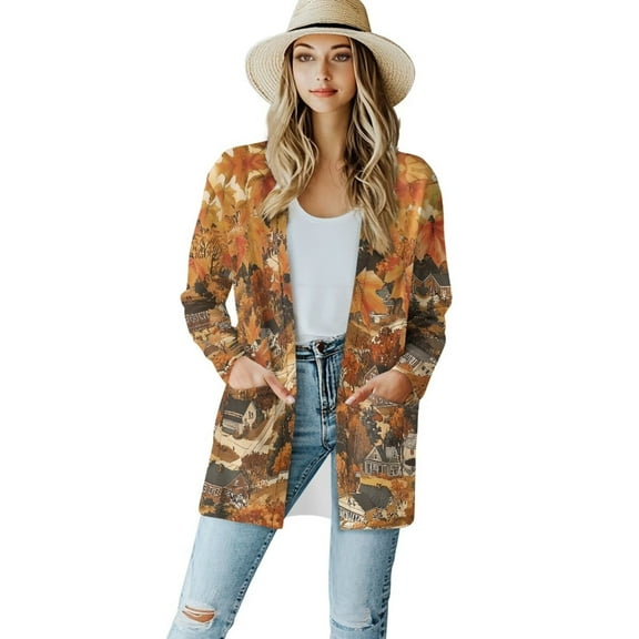 Garronmavis Loose Cardigans with Pockets Women's Open Front Knit Lightweight Cardigan Casual Kimonos Plus Size Long Sleeve Cover Up for Beach Sweater Maple Leaf Town