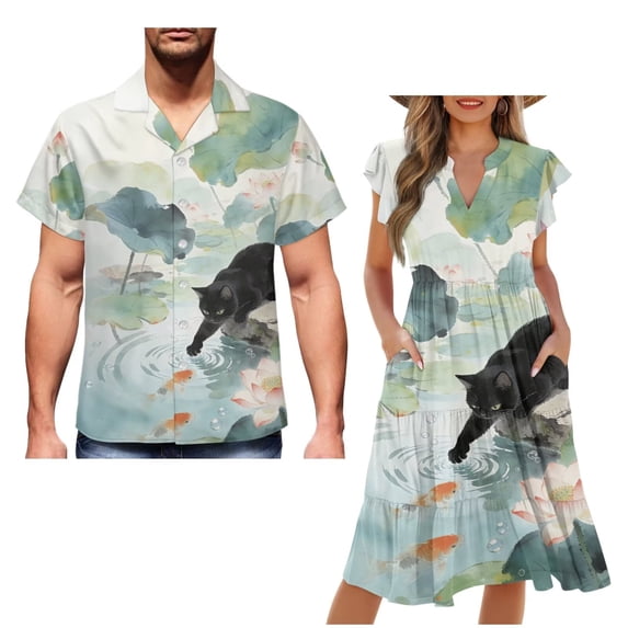 Garronmavis Lotus Cat Matching Couple Outfits Mens Button Down Shirt Size S Hawaiian Tops Workwear and Womens Short Sleeve Dress A-Line Elegant Summer Beach Dresses