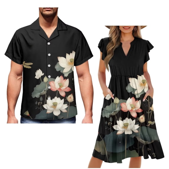 Garronmavis Lotus Flower Couple Matching Outfit Womens Short Sleeve Dress Flowy Hawaiian Elegant Party Dresses Size M and Mens Button Down Shirt Fashion Beach Shirts