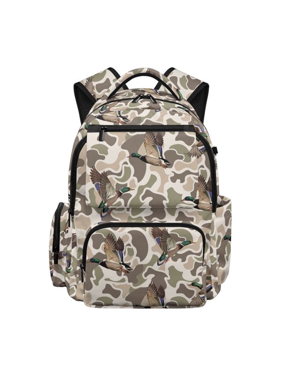 Mallard Duck Camo School Backpack for Boys 8-10 Bookbags 17 Inch Portable Handle Knapsack with Zipper Multi Compartments School Bag