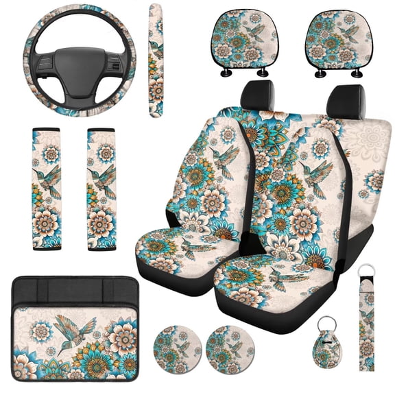 Garronmavis Mandala Floral 14 Pcs Car Accessories Full Set with Steering Wheel Cover Head Rest Protector Car Armrest Cover and Seat Belt Covers Easy Installation for Cars SUV Seat Protector