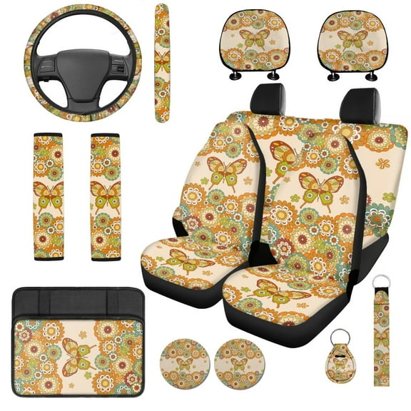 Garronmavis Mandala Flower 14 Pcs Car Seat Covers Set with Car Headrest Cover Steering Wheel Protector Armrest Cover Seat Belt Pads Key Ring and Coaster Universal Size Fit for Most Cars SUV