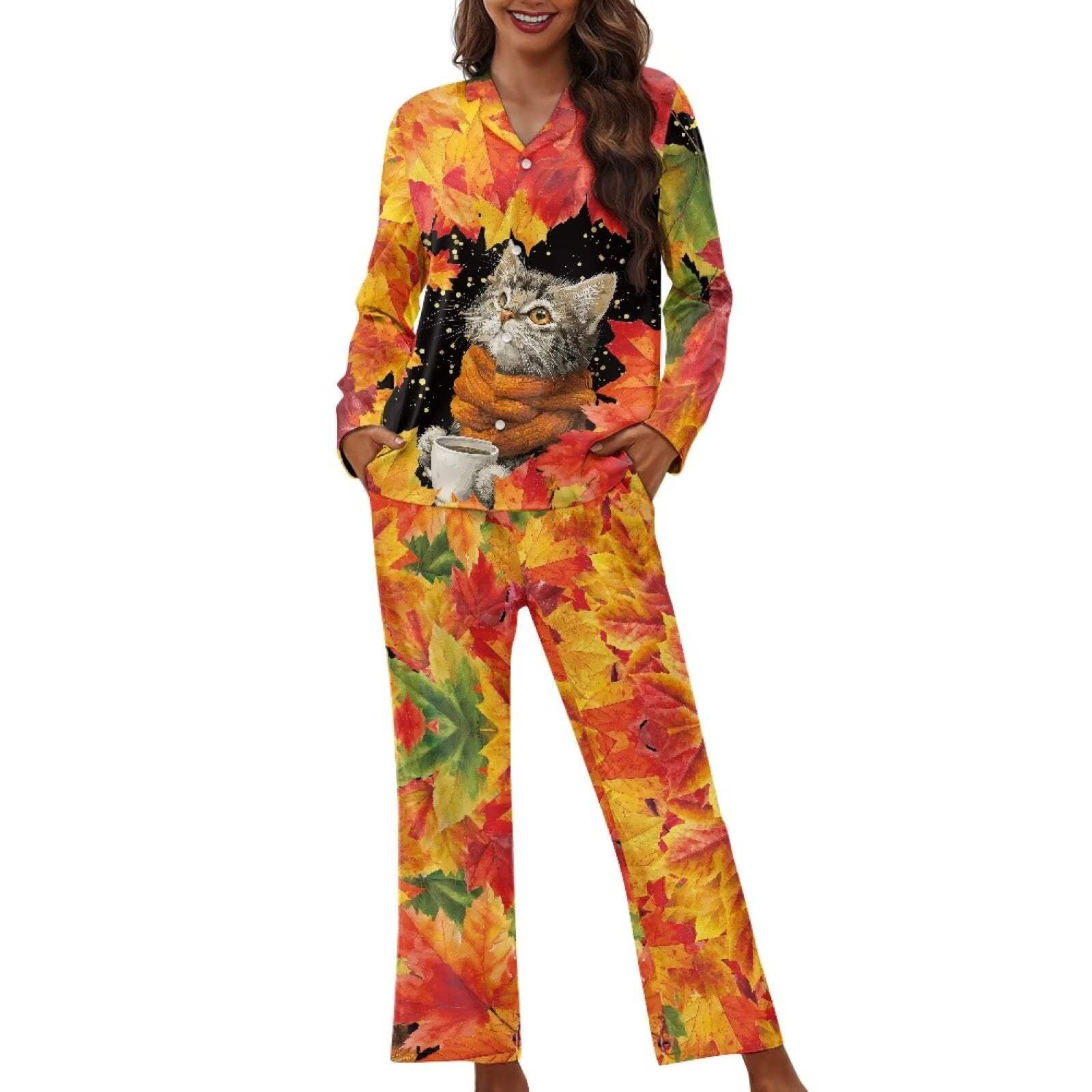 Garronmavis Maple Leaves Cat Fall Sleepwear Set for Women Long Sleeve ...
