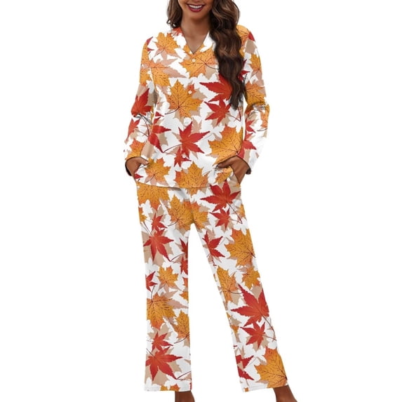 Garronmavis Maple Leaves Women Pajama Set 2 Piece Notched Collar Long Sleeve Button Down Sleepwear Fall Soft Comfy Nightwear Loungewear PJs Set for Women with Pockets
