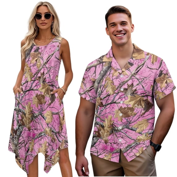 Garronmavis Matching Beach Outfits for Couples Mens Button Up Shirt and Polyester Womens Sleeveless Dress Camo Hunting Print Flowy Hawaiian Vacation Sundress with Pocket