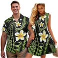 thumbnail image 1 of Garronmavis Matching Beach Outfits for Couples Polynesian Plumeria Polyester Vacation Short Sleeve Shirt for Men Size L and Women's Sleeveless Round Neck Patchwork Dress, 1 of 7