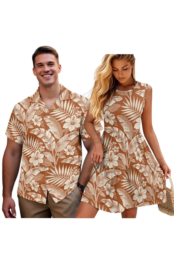 Matching Couple Outfits Mens Button Down Shirt Brown Hawaiian Flower Tops Size S and Women's Sleeveless Round Neck Patchwork Dress Flowy Tank Dress