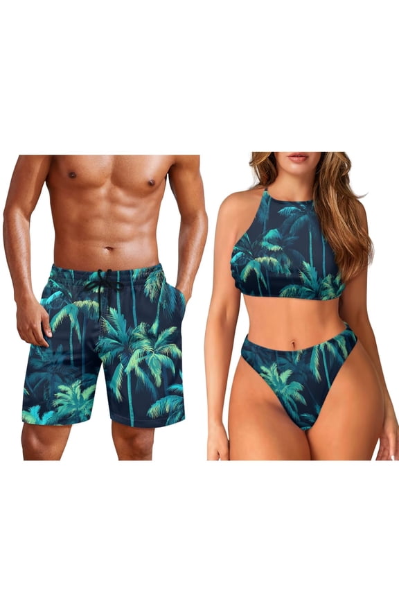 Matching Couples Swimsuits Blue Palm Tree Womens 2 Piece Bikini Set High Waisted Bathing Suits Halter Swimwear and Men's Swim Trunks Beach Shorts Swimming Trunk