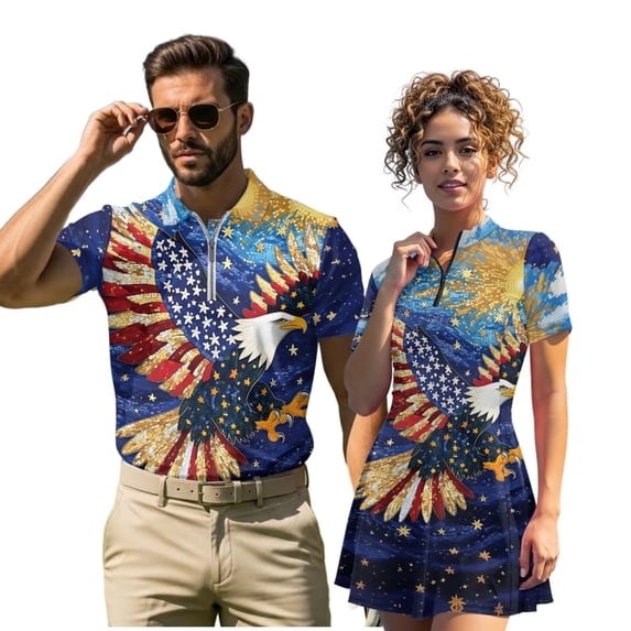 Garronmavis Matching Golf Shirts for Couple Bald Eagle American Flag 4-Way Stretch Matching Couple Golf Shirts Workout Athletic Dresses Quick Dry Keep Cool in Hot Weather Machine Washable