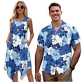 thumbnail image 1 of Garronmavis His and Hers Matching Outfits Blue Hibiscus Mens Button Up Shirt Short Sleeve Shirt Size M and Women's Tank Dress with Pocket Flowy Polyester Beach Dress, 1 of 7