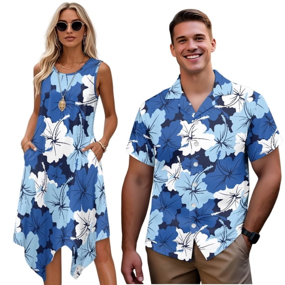 Garronmavis His and Hers Matching Outfits Blue Hibiscus Mens Button Up Shirt Short Sleeve Shirt Size M and Women's Tank Dress with Pocket Flowy Polyester Beach Dress
