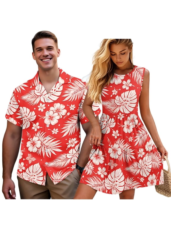 Matching Outfits for Couples Red Hawaiian Flower Mens Button Up Shirt Polyester Lightweight Workwear and Women's Tank Dress Casual Dress Size S