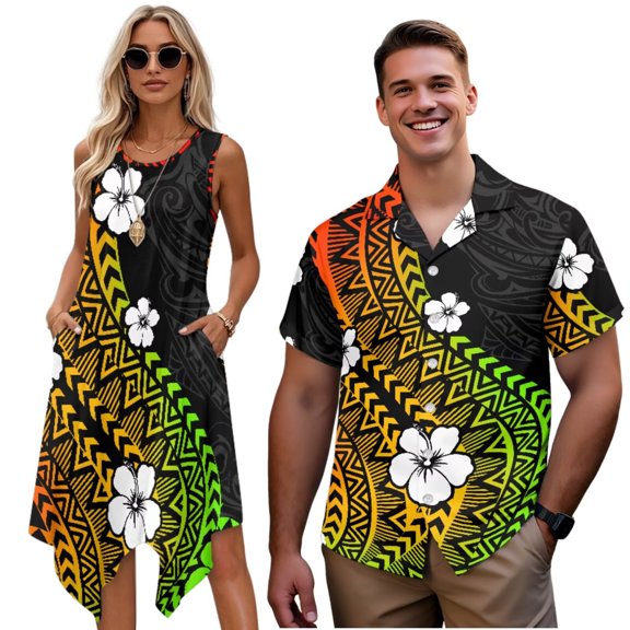Garronmavis Matching Outfits for Couples Vacation Mens Button Up Shirt Hibiscus Flowers Summer Workwear Casual Beach Shirts with Soft Fabric Large Tall Shirts for Men