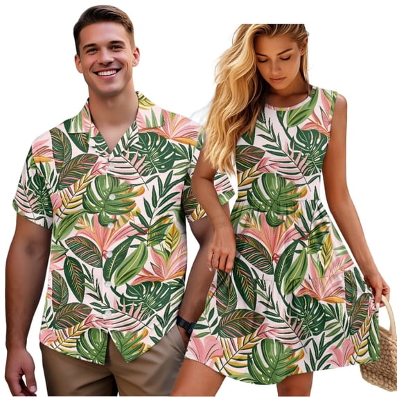 Garronmavis Matching Summer Outfits for Couples Mens Button Up Shirt Polyester Vacation Tropical Flowers Loose Beach Tops and Women's Tank Dress Elastic Waistband Vacation Clothes