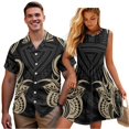 thumbnail image 1 of Garronmavis Matching Vacation Outfits for Couples Mens Button Down Shirt Short Sleeve Shirt and Women Beach Vacation Casual Sundress Black Polynesian Sleeveless Dress Size M, 1 of 7