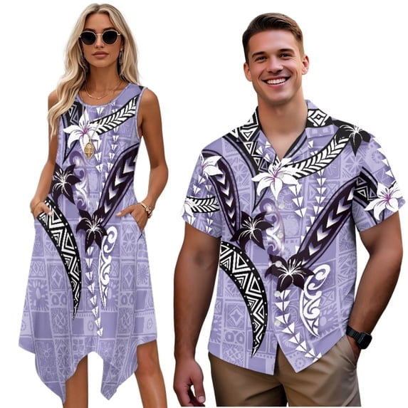 Garronmavis Matching Vacation Outfits for Couples Polynesian Hibiscus Mens Button Down Shirt Soft Hawaiian Blouse Tops and Womens Sleeveless Dress Irregular Hem Tank Dress