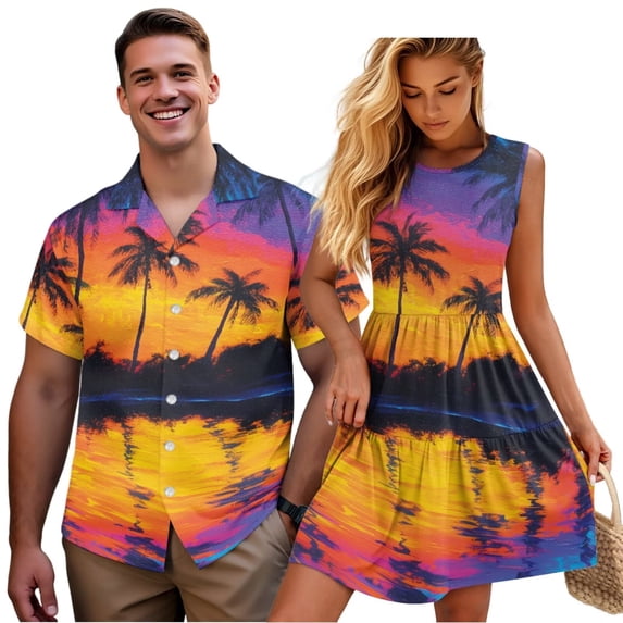 Garronmavis Matching Vacation Outfits for Couples Sunset Glow Mens Button Down Shirts Size L and Casual Dresses for Women Patchwork Ruffles Party Midi Dress
