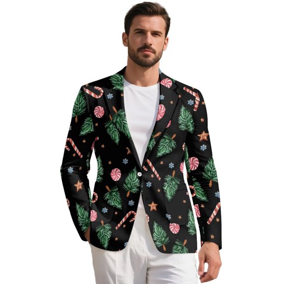 Garronmavis Mens Christmas Tree Blazer Lightweight Breathable Sport Coats Xmas Casual One Button Notched Lapel Suit Jacket Candy Cane Blazers with Lining and Pockets, Size 4XL, Black