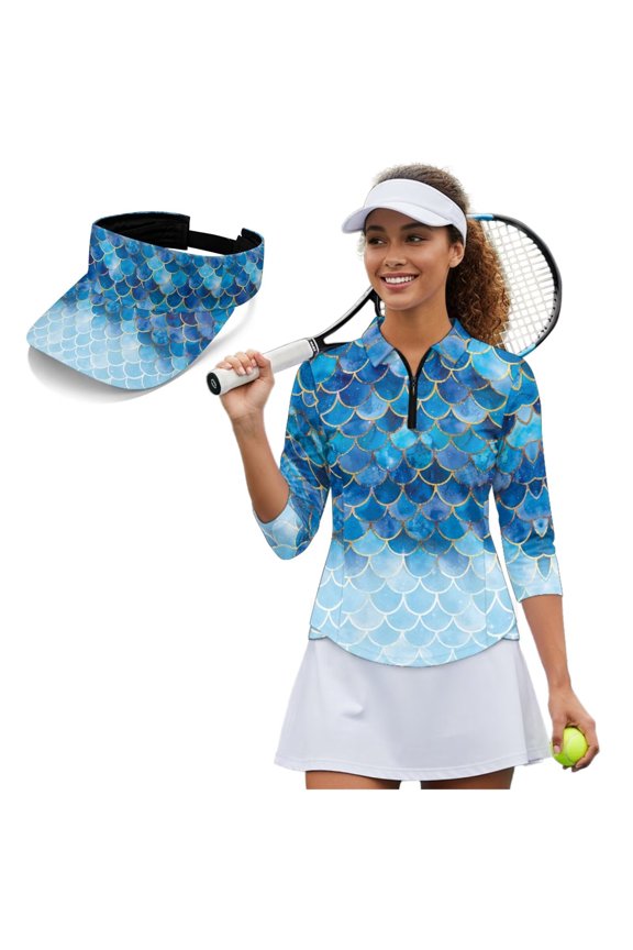 Mermaid Scale Women's Golf Shirt and Sun Visor Hat Set 4-Way Stretch 3/4 Sleeve Golf Shirts Quarter Zip Adjustable UV Protection Sun Hat Cap for Camping Fishing Music Festival