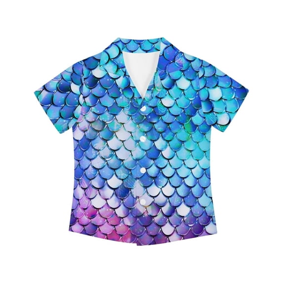 Garronmavis Mermaid Shirt for Girls 7-8 Short Sleeve Button Down Collar Hawaiian Shirts for Beach Vacation & Summer Holiday Lightweight Casual Daily School Play Wear