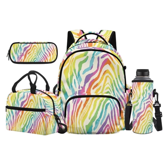 Garronmavis Multicolor Rainbow Zebra Stripe Casual Backpack Kit, 17 Inch Vibrant Animal Print Kids School Bag Set with Thermal Lunch Box, Pen Case and Water Bottle Holder