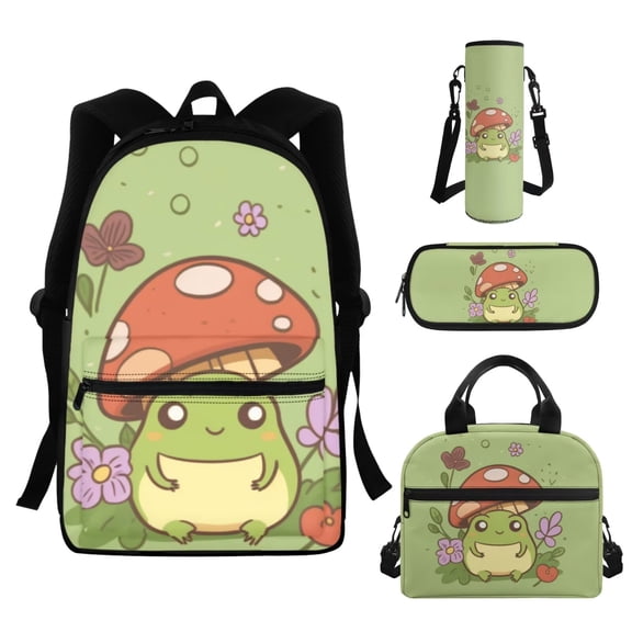 Garronmavis Mushroom Frog Backpack for Girls School Bag and Lunch Bag Pencil Case 8-10 Teens High School Backpacks Sets 17 Inch Laptop Rucksack School Bookbags with Lunchbox Sets 4 Pcs
