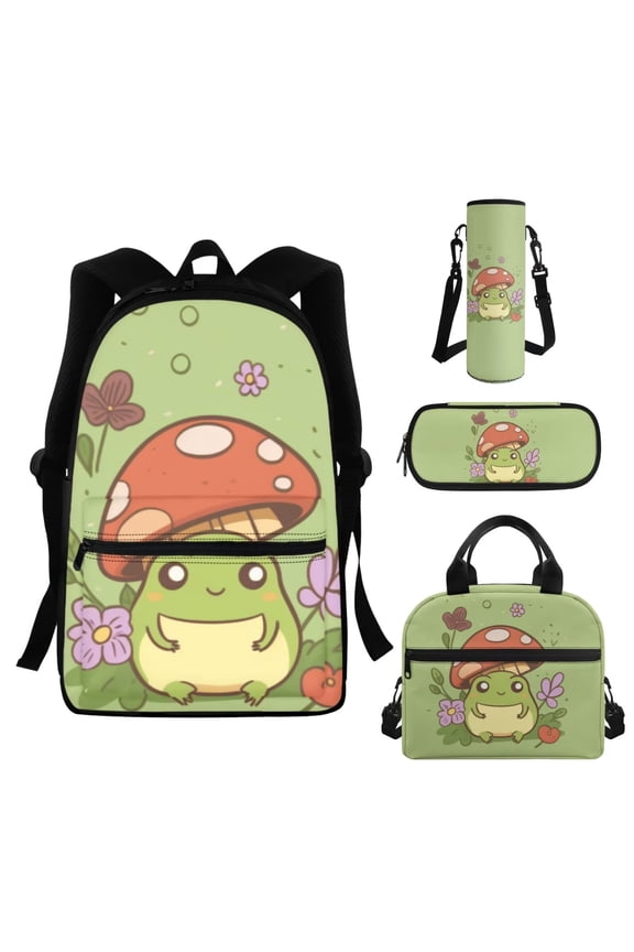 Mushroom Frog Backpack for Girls School Bag and Lunch Bag Pencil Case 8-10 Teens High School Backpacks Sets 17 Inch Laptop Rucksack School Bookbags with Lunchbox Sets 4 Pcs