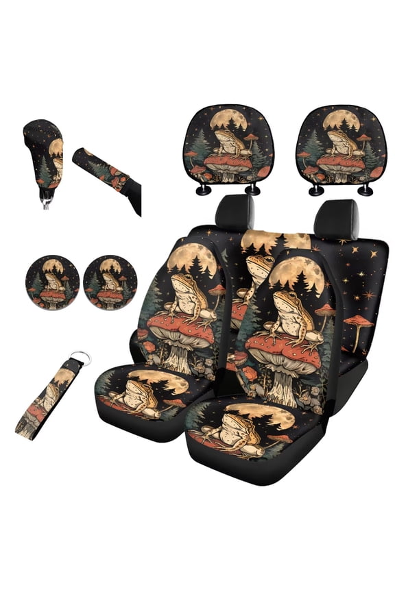 Mushroom Frog Car Seat Covers Set Elastic Interior Decor with Auto Headrest Covers+Handbrake Gear+Shift Knob Cover+Auto Cup Coaster+Wristlet Keychain for Sedan Van Truck