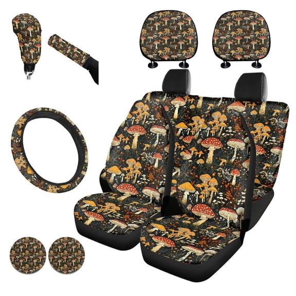 Garronmavis Mushroom Print Car Seat Covers Full Set with Steering Wheel Wrap Gear Shift Cover Handbrake Sleeve Headrest Protectors Cup Coaster Interior Protector Universal Fit Most Vehicle