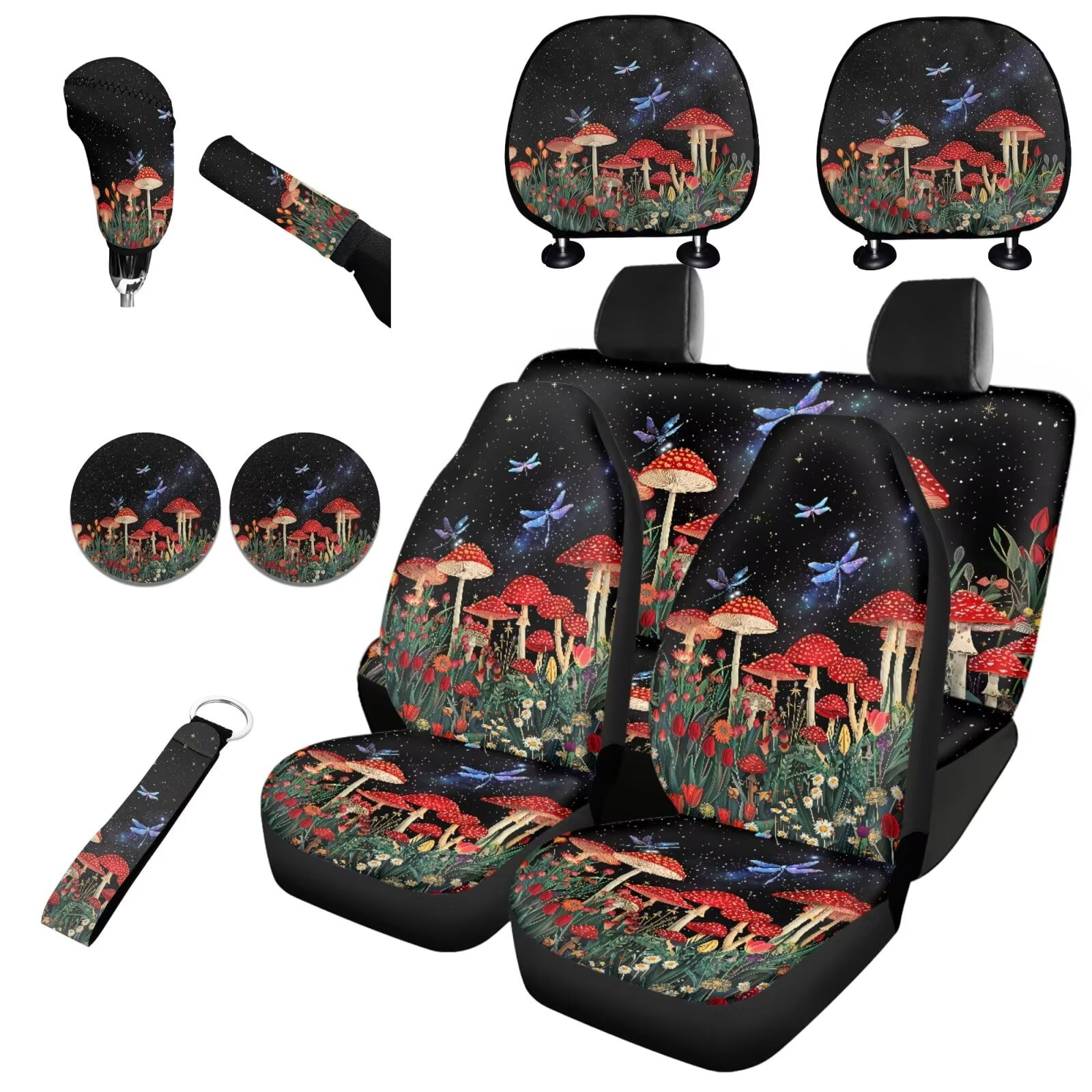 Garronmavis Mushroom Print Car Seat Covers Set Washable Interior Decor with Auto Headrest Cover+Handbrake Gear+Shift Knob Cover+Auto Cup Coaster+Wristlet Keychain Air Breath in Summer