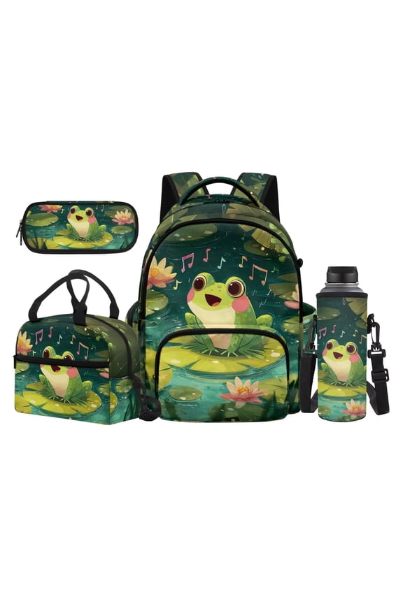 Music Lotus Frog Children Backpack Bundle, 17 Inch Durable Kids Daypack Includes Lunch Box, Stationery Pouch and Water Bottle Cover for Daily Use