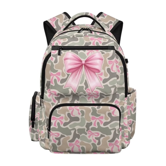 Garronmavis Neutral Camo Bow 17 Inch Kids Backpack for Girls Breathable School Bag with Padded Tablet Sleeve & Multi-Pockets for 9-12 Years Old Bookbag for Elementary