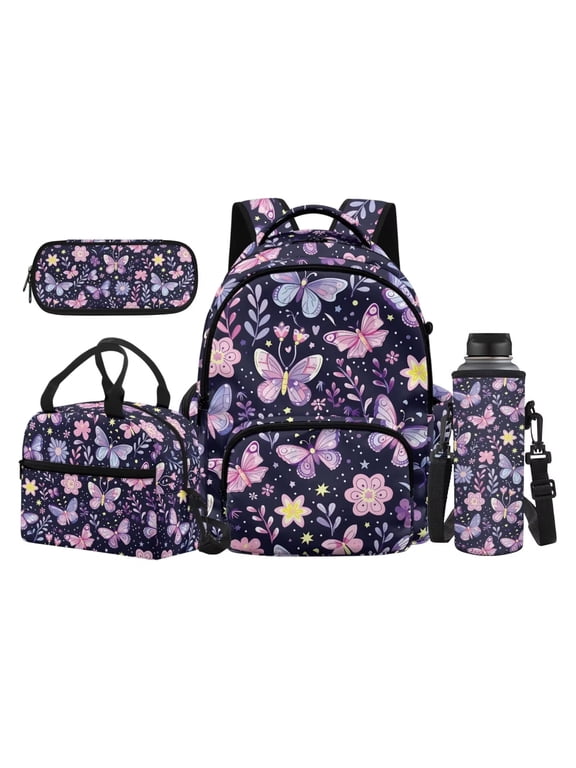 Night Sky Purple Star & Pink Butterfly Backpack Bundle, 17 Inch Galaxy Fairy Casual Girls School Bookbag Including Lunch Bag, Stationery Pouch and Water Bottle Carrier