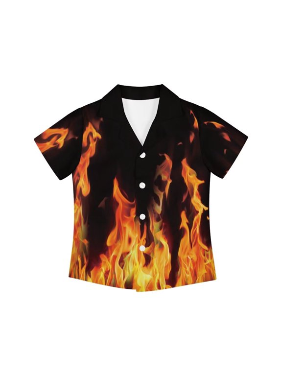 Orange Flame Shirt 3T-4T Toddler Boys Girls Button Down Hawaiian Shirts Short Sleeve Lightweight Comfy Summer Clothes for Beach Vacation,Summer Holiday & School Daily Wear