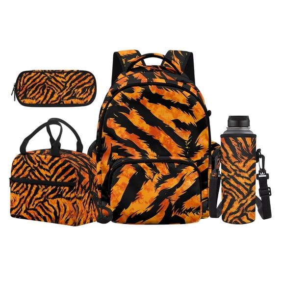 Garronmavis Orange Tiger Stripe Animal Backpack Pack, 17 Inch Ergonomic Kids Bookbag Comes with Lunch Container, Pencil Holder and Water Bottle Cover for Jungle Fans