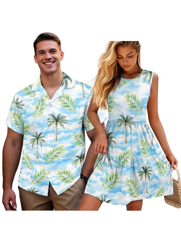 Palm Leaf Matching Outfits for Couples Mens Button Up Shirt Polyester Vacation Lightweight Workwear and Women's Tank Dress Flowy Sleeveless Dress Size XL