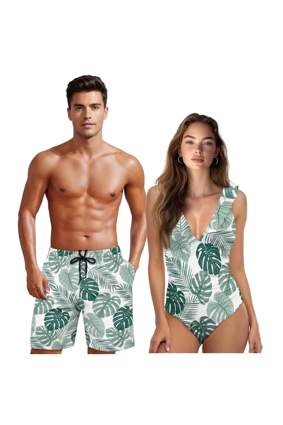 Palm Leaves Couple Swimsuits Matching Set Women Tummy Control Slimming V Neck Ruffle One Piece Swimsuit Men Quick Dry Breathable Drawstring Swim Trunks