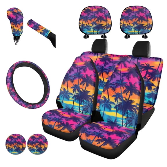 Garronmavis Palm Tree 11 Pcs Universal Car Accessories Set for Steering Wheel Cover Gear Shift Cover Handbrake Cover Headrest Cover Cup Coasters Interior Accessiores for Sedan SUV Truck