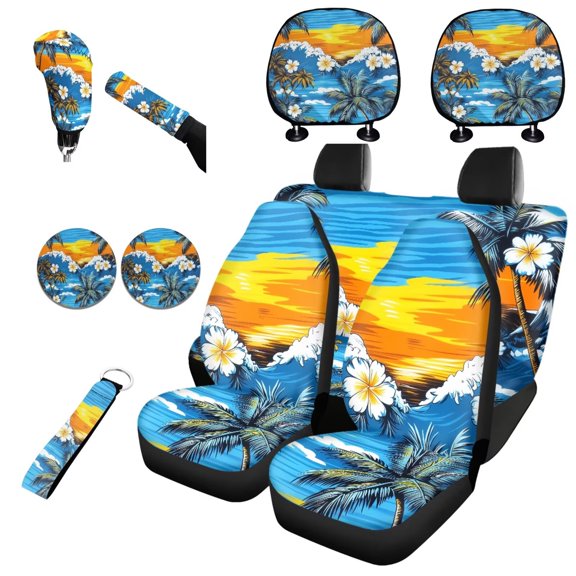 Garronmavis Palm Tree Painting Car Seat Covers Set Pack 11 Pcs Automobile Accessories Interior with Auto Headrest Covers Handbrake Gear Shift Knob Cover Auto Cup Coaster Wristlet Keychain