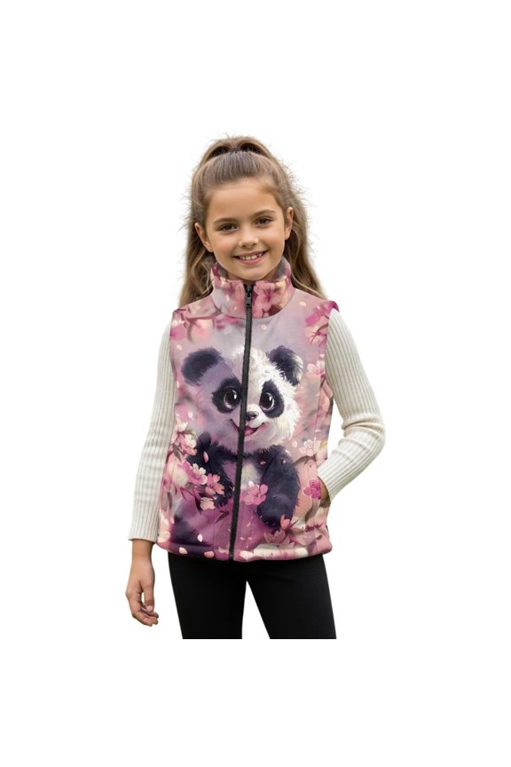 Panda Girls Outerwear Vest 11-12 Stylish Cherry Blossom Girls Zippered Vest Comfortable Fall Winter Warm Sleeveless Outerwear Fashion Wind Proof Sleeveless Outwear Vests