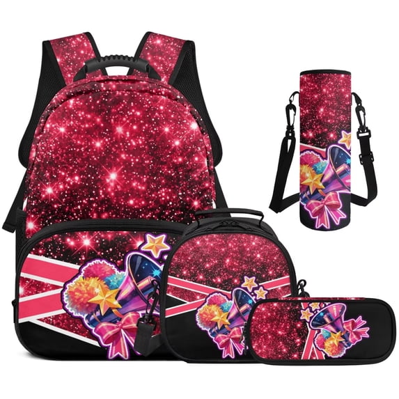 Garronmavis Pastel Red Cheer Bow Kids Girls Backpack and Lunch Box 4-Piece Set, Cute Glitter Printed School Bookbag with Pencil Case + Water Holder Case for Elementary and Middle School Use